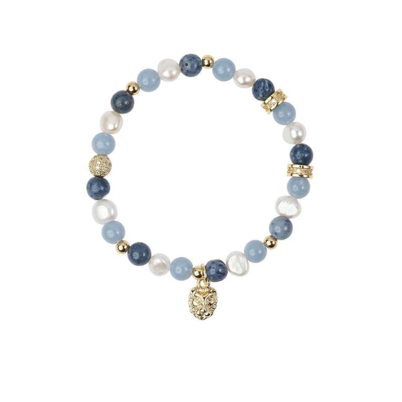 Stone & Pearl Bead Bracelet 6 mm W/Charm